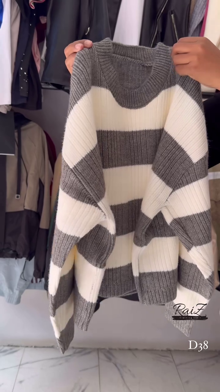 Ribbed Stripe Knit Sweaters 🧶 Horizontal Pattern – Black, Brown, Gray & Pink Variants