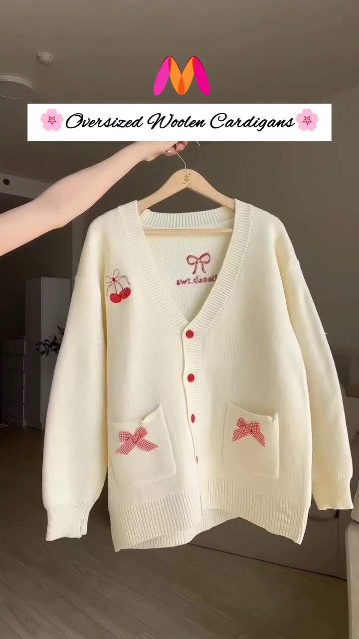 Oversized Woolen Cardigan 🧵💙 With Bow Pockets & Emblem Detail – White & Blue Variant