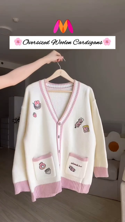 Oversized Woolen Cardigan 🧵💙 With Bow Pockets & Emblem Detail – White & Blue Variant