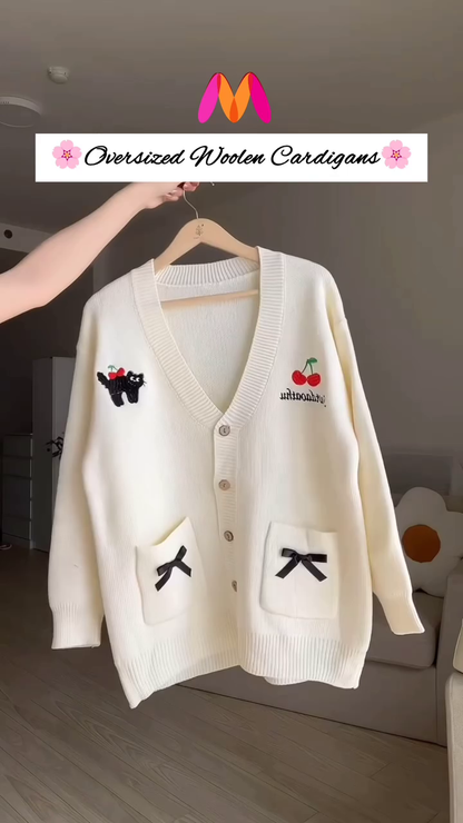 Oversized Woolen Cardigan 🧵💙 With Bow Pockets & Emblem Detail – White & Blue Variant