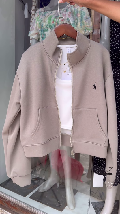 Zip-Up Layered Jackets 🧥✨ With High Collars & Gold Necklace Styling – Beige, White & Brown Variants