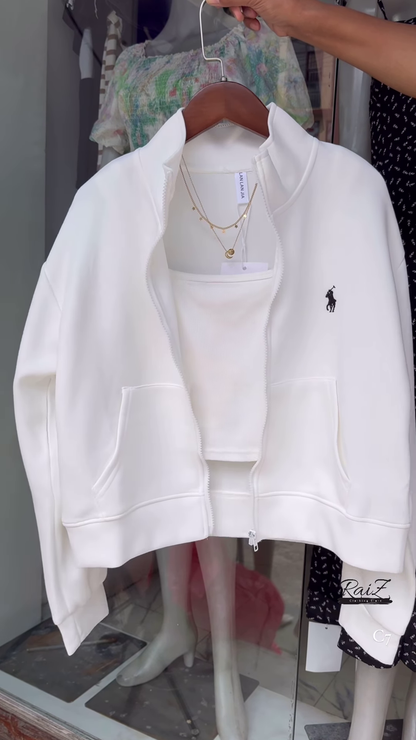 Zip-Up Layered Jackets 🧥✨ With High Collars & Gold Necklace Styling – Beige, White & Brown Variants