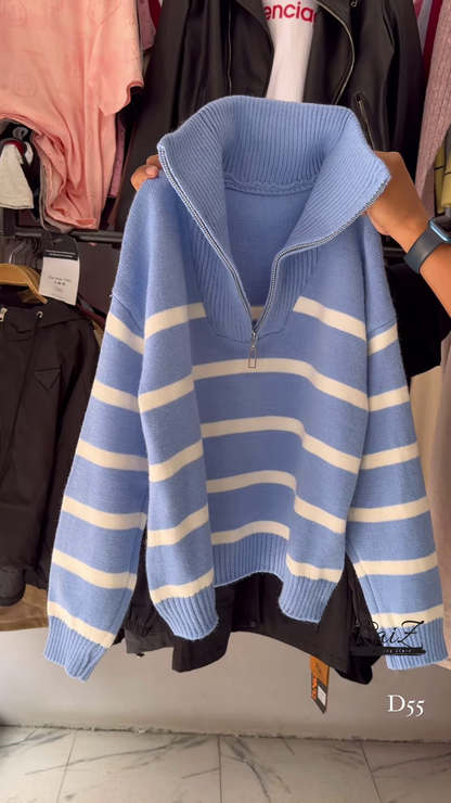 Half-Zip Striped Knit Sweaters 🧶⛷ With High Collar – Red, White & Blue Variants