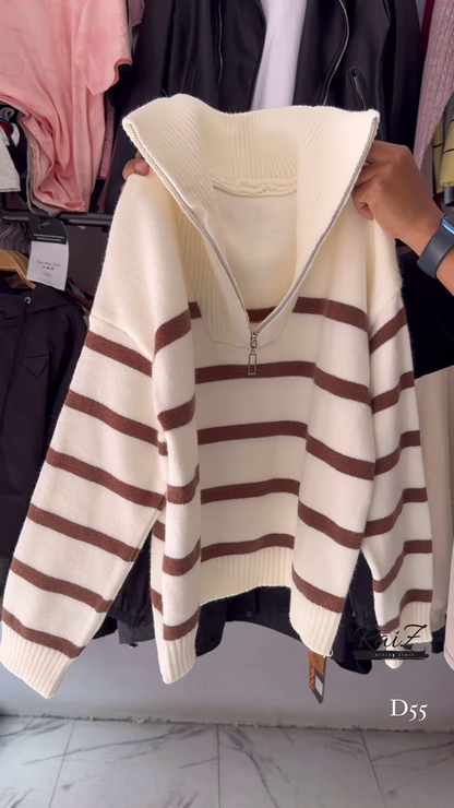 Half-Zip Striped Knit Sweaters 🧶⛷ With High Collar – Red, White & Blue Variants