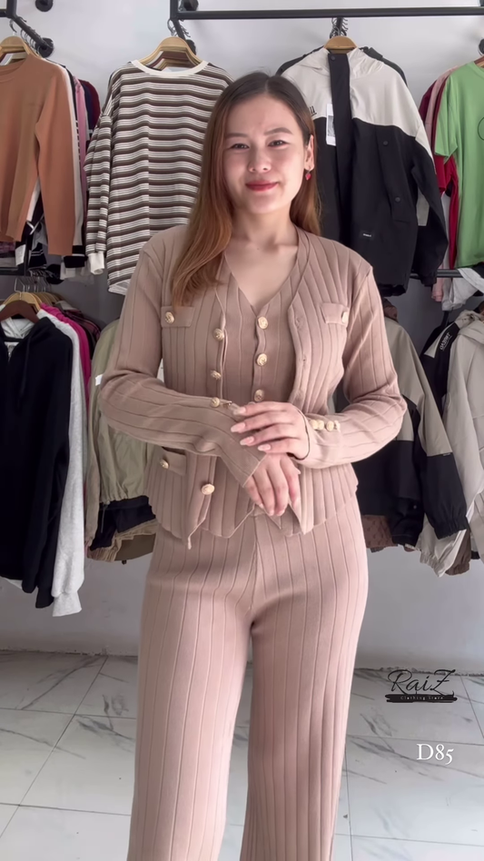 Ribbed Knit Co-ord Sets 🧶🖤 With Button Accents – Black & Beige Variants