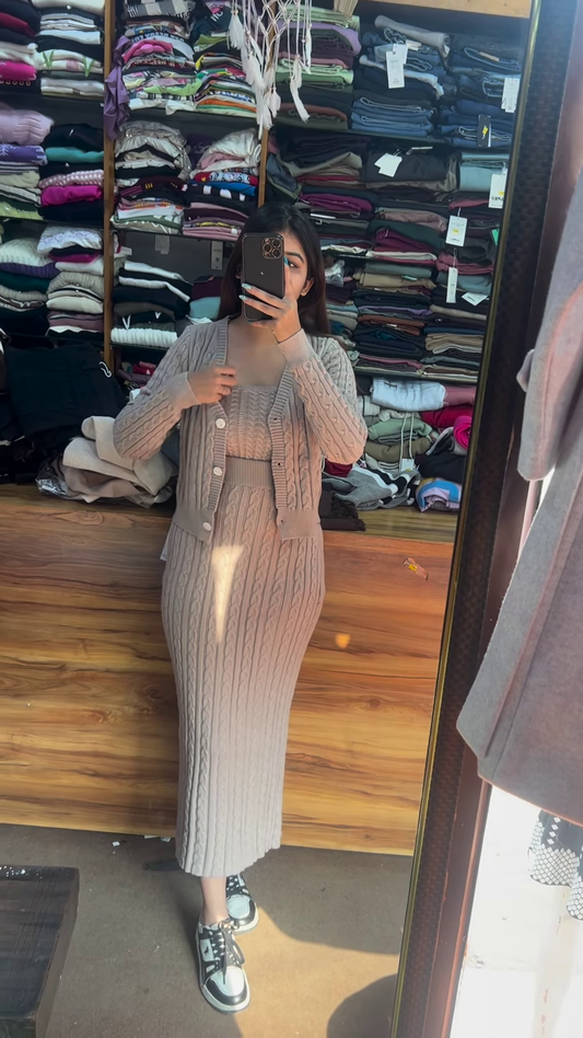Knitted 3-Piece Co-ord Set 🧶🤍 With Cardigan, Crop Top & Long Skirt – Beige Variant
