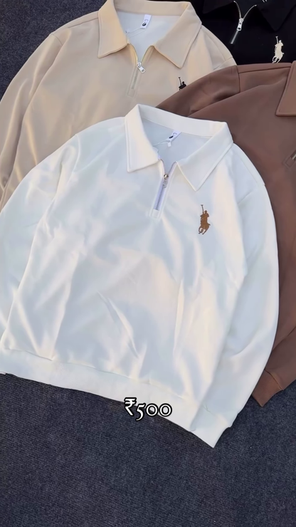 Half-Zip Polo Shirts 🧵🧼 With Embroidered Chest Detail – Black, Beige, Brown & White Variants