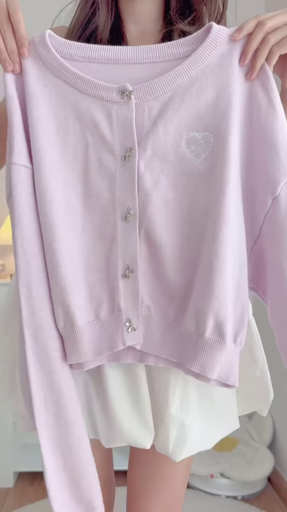 Pastel Knitwear Collection 🧶🎀 With Bow Buttons, Zip Charm & Ribbed Texture – Purple, Blue & Pink Variants