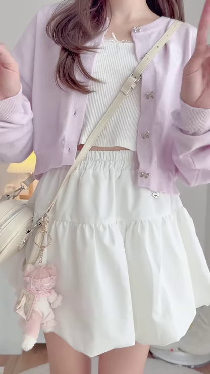 Pastel Knitwear Collection 🧶🎀 With Bow Buttons, Zip Charm & Ribbed Texture – Purple, Blue & Pink Variants