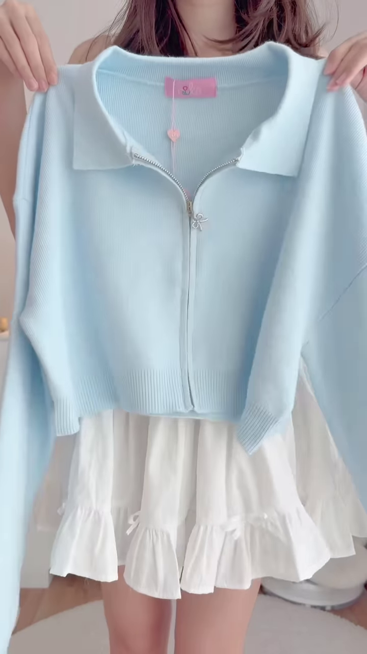 Pastel Knitwear Collection 🧶🎀 With Bow Buttons, Zip Charm & Ribbed Texture – Purple, Blue & Pink Variants