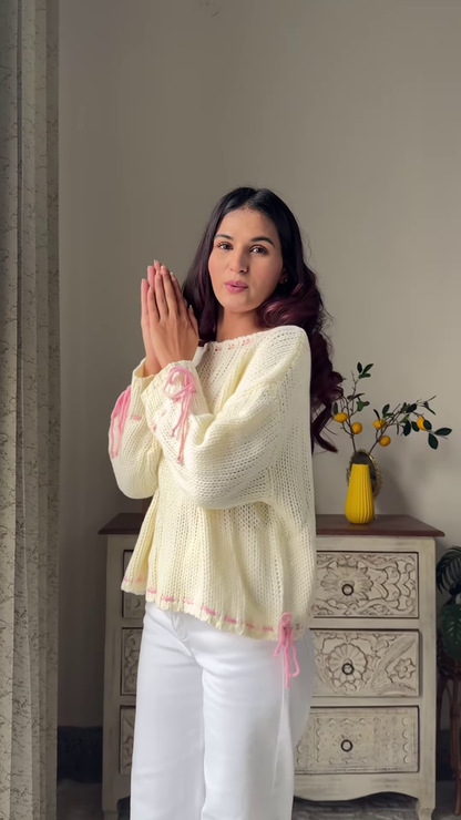 Heart & Ribbon Knitwear Collection 🧶💗 With Embroidery & Bow Accents – Pink & Cream Variants