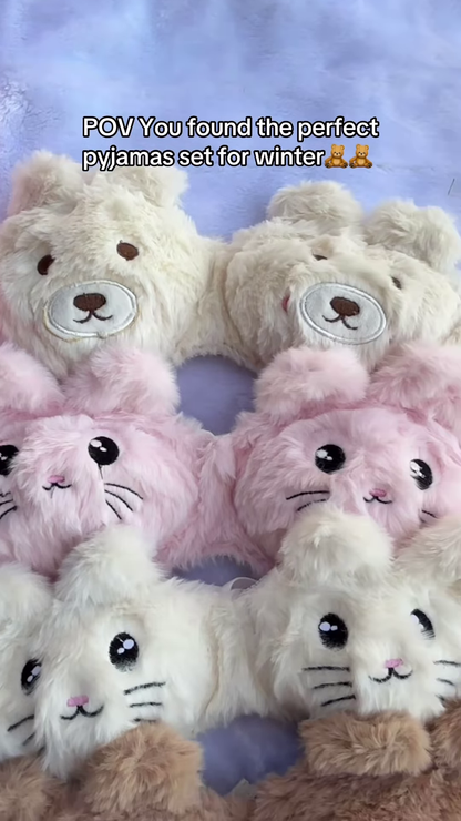 Fluffy Animal-Themed Winter Pajama Sets 🐻❄️ – Soft Plush Sleepwear with Bear & Panda Faces