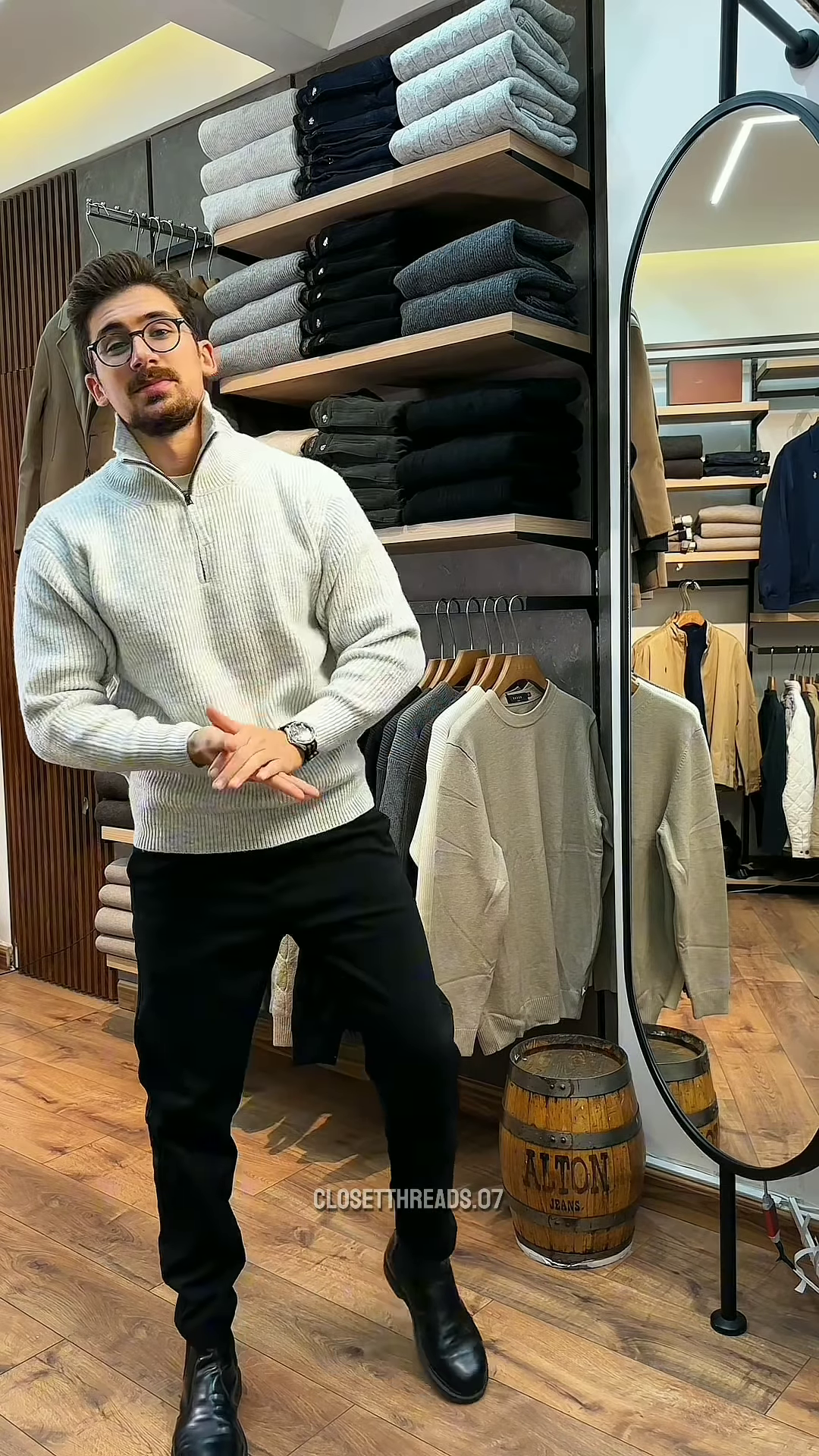 Zip-Up Knit Sweater 🧥🪞 – Soft Grey Layer with Black Pants Styling in Store Visual