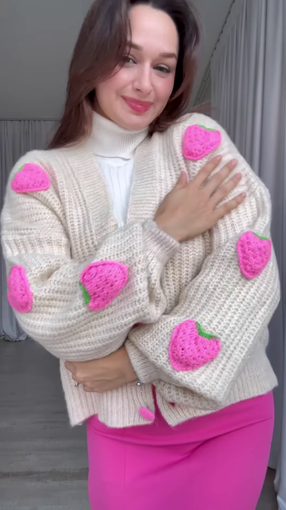 Strawberry-Patch Knit Cardigan 🍓🧥 with Pink Buttons – Styled with Turtleneck, Mini Skirt & Boots