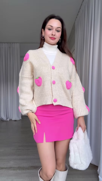 Strawberry-Patch Knit Cardigan 🍓🧥 with Pink Buttons – Styled with Turtleneck, Mini Skirt & Boots