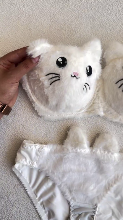 Furry Cat-Face Bras 🐱💗 – Plush Lingerie Tops in Pink, White & Red Variants with Embroidered Details