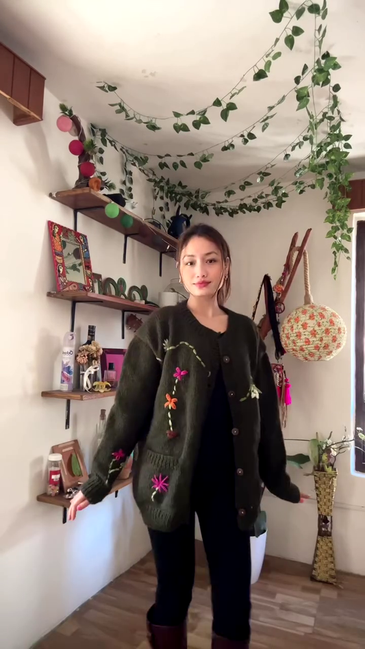 Floral Embroidered Knit Cardigan 🌿🧥 – Dark Green Layer Styled with Black Pants & Brown Boots