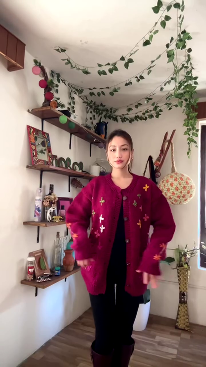 Floral Embroidered Knit Cardigan 🌿🧥 – Dark Green Layer Styled with Black Pants & Brown Boots