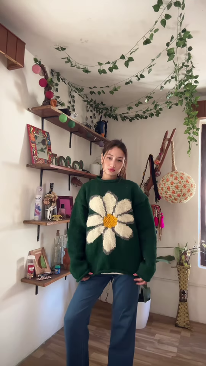Green Floral Knit Sweater 🌼🧥 – Oversized White Flower Design Styled with Blue Jeans