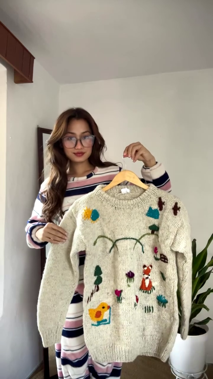 Whimsical Nature-Embroidered Knit Sweater 🌞🦊🌼 – Beige Base with Colorful Storybook Detailing