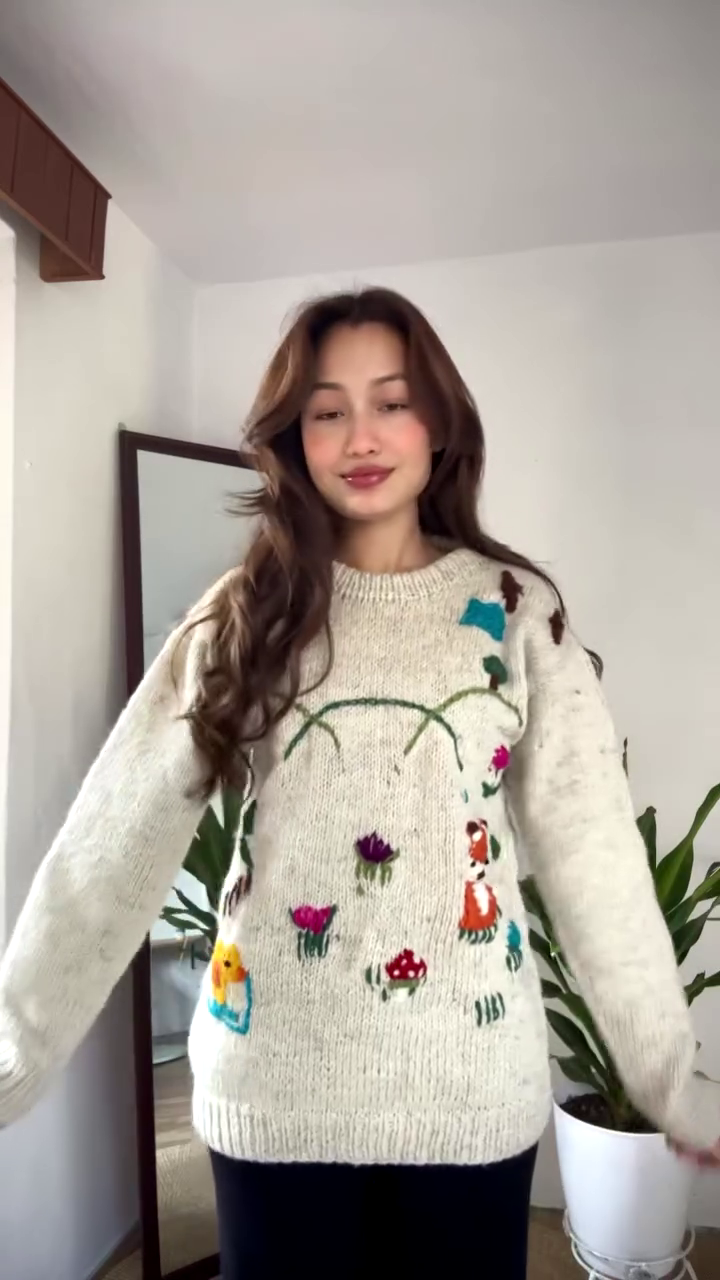 Whimsical Nature-Embroidered Knit Sweater 🌞🦊🌼 – Beige Base with Colorful Storybook Detailing