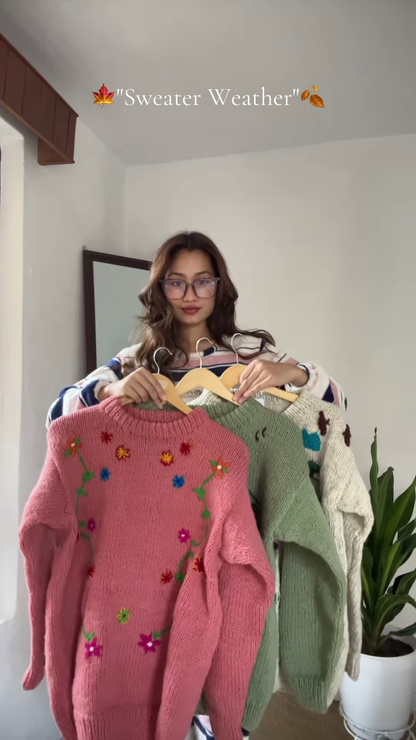 Seasonal Knit Sweater Trio 🍁🧥 – Floral, Minimal & Geometric Styles in Pink, Green & Cream Variants