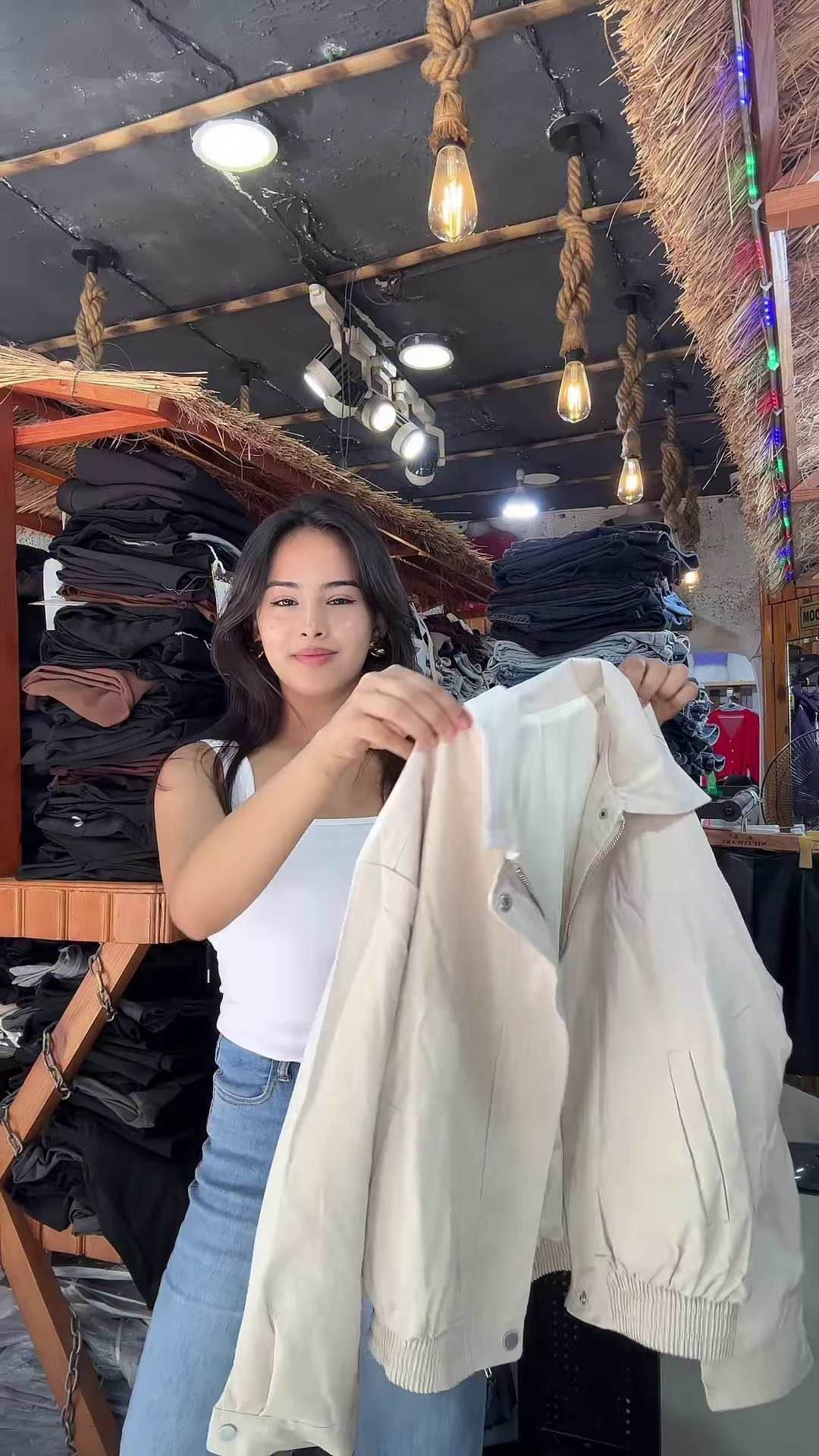 Women’s Zip-Up Casual Jackets 🧥🛍 – Black, Beige & Light Beige Variants Styled in Store Setting