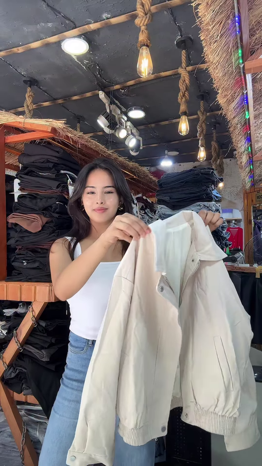 Women’s Zip-Up Casual Jackets 🧥🛍 – Black, Beige & Light Beige Variants Styled in Store Setting