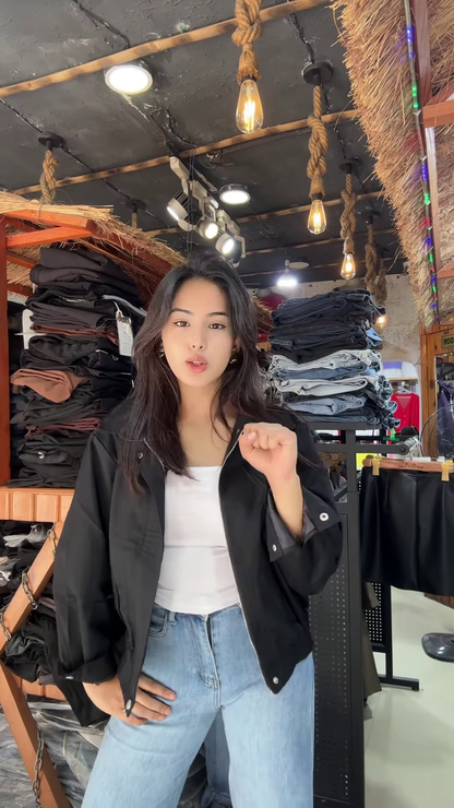 Women’s Zip-Up Casual Jackets 🧥🛍 – Black, Beige & Light Beige Variants Styled in Store Setting