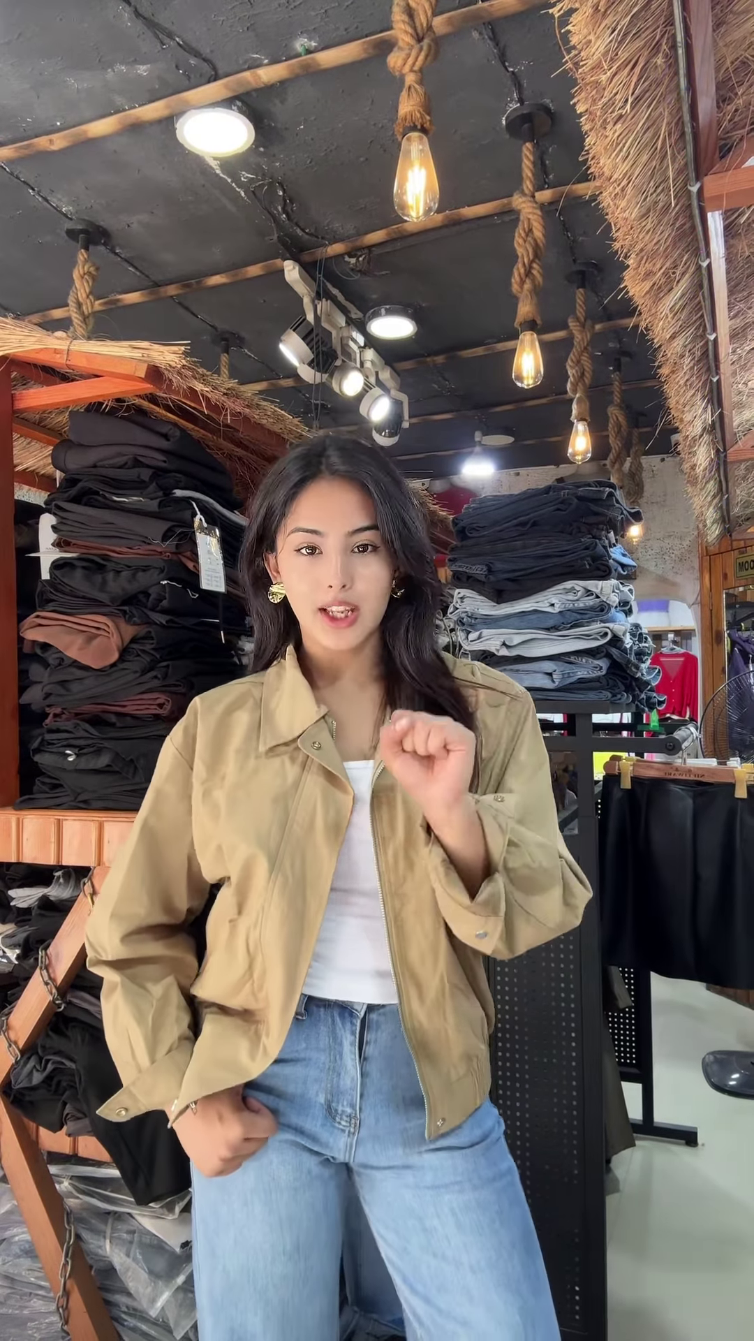 Women’s Zip-Up Casual Jackets 🧥🛍 – Black, Beige & Light Beige Variants Styled in Store Setting