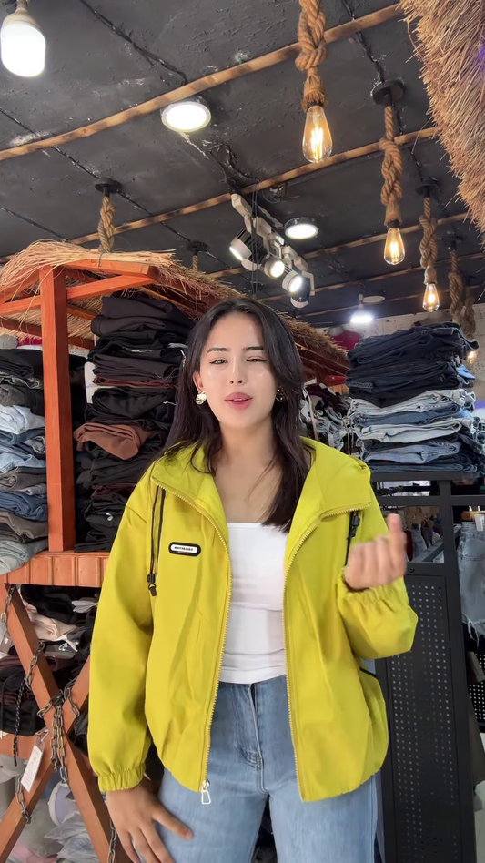 Women’s Casual Zip-Up Jackets 🧥✨ – Yellow, White & Maroon Variants Styled in Rustic Store Setting