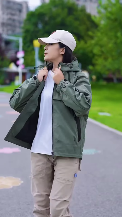 Green Zip-Up Casual Jacket 🧥🌳 – Styled with White Tee & Beige Cargo Pants in Outdoor Setting