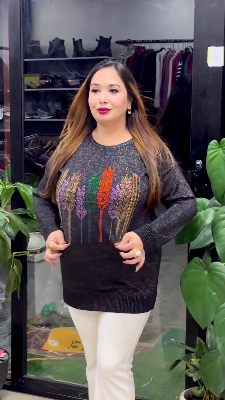 Feather-Embroidered Knit Sweaters 🪶🧥 – Black, Navy & Red Variants with Colorful Vertical Motifs
