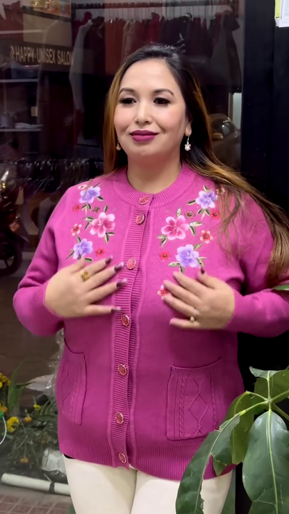 Floral Embroidered Button-Up Cardigans 🌸🧥 – Available in 10 Vibrant Colors with Pocket & Textured Detailing