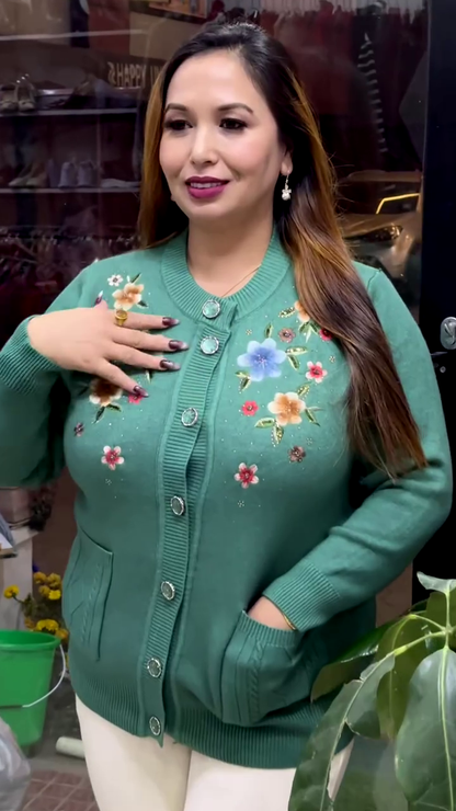 Floral Embroidered Button-Up Cardigans 🌸🧥 – Available in 10 Vibrant Colors with Pocket & Textured Detailing