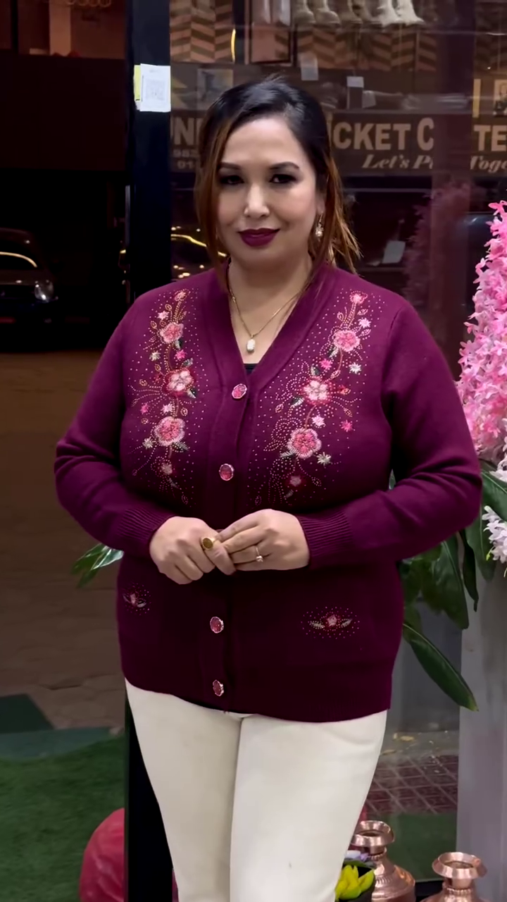 Floral Embroidered Knit Cardigans 🌸🧥 – Beige, Maroon & Purple Variants with Button-Up Front & Pocket Detailing