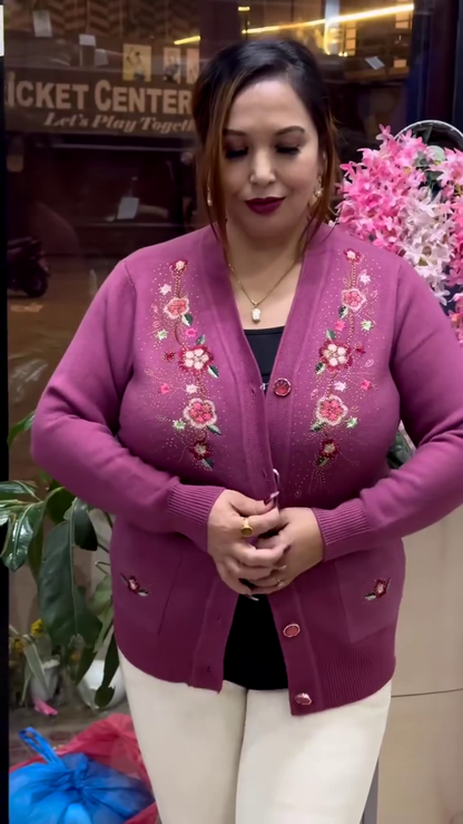 Floral Embroidered Knit Cardigans 🌸🧥 – Beige, Maroon & Purple Variants with Button-Up Front & Pocket Detailing