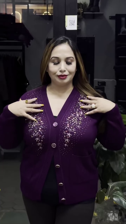 Floral V-Neck Knit Cardigans 🌸🧥 – Purple, Black & Beige Variants with Button Closure & Boutique Styling