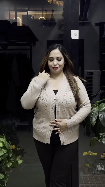 Floral V-Neck Knit Cardigans 🌸🧥 – Purple, Black & Beige Variants with Button Closure & Boutique Styling