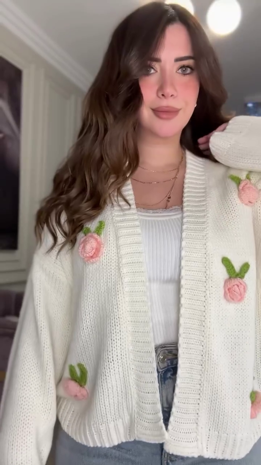 White Knit Cardigan with Pink Floral Appliqué 🌸🤍 – Button-Up Layer Styled with Gold Necklaces & Light Denim