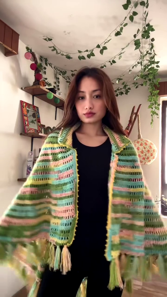 Multicolor Crocheted Shawl with Fringe Detailing 🧶🌈 – Boho Knit Layer Styled Over Black Top