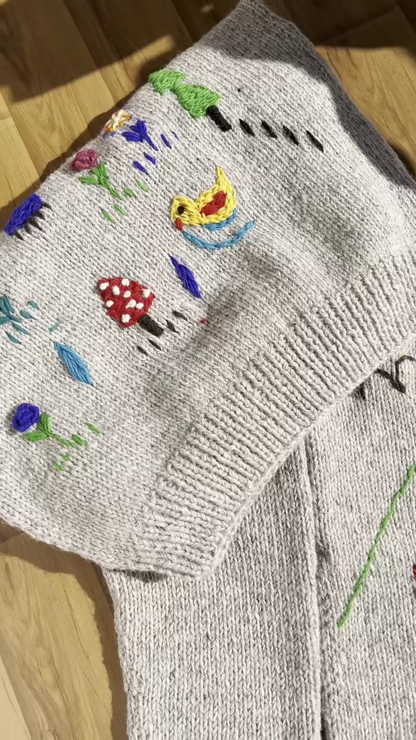 Whimsical Nature-Embroidered Knit Sweaters 🐥🍄🌼 – Light Gray Base with Playful Storybook Detailing