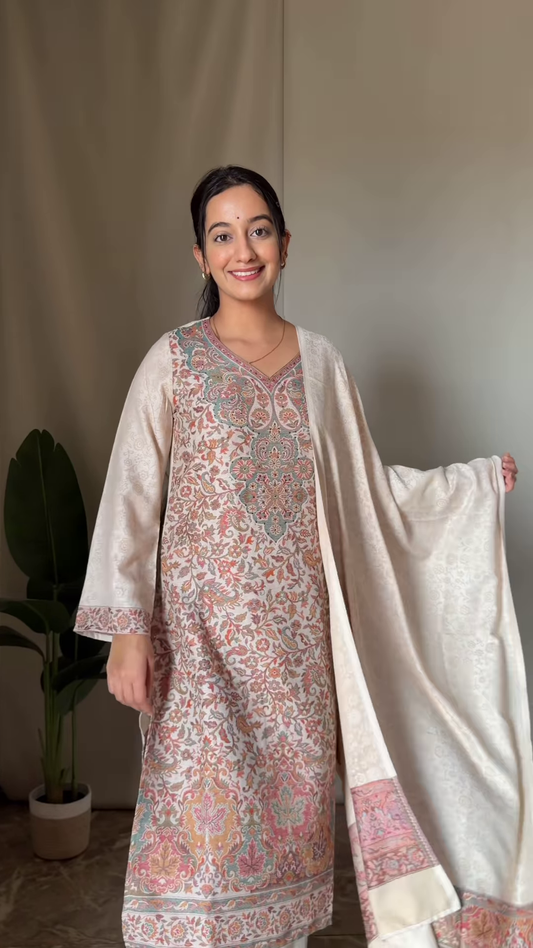 Ivory Silk Kurta with Traditional Multicolored Paisley Weaving