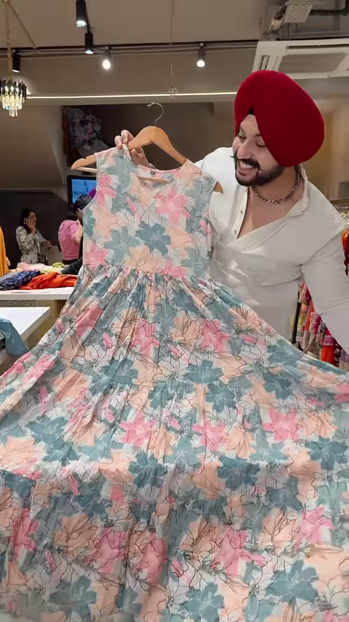 Floral Printed Dress with Embroidered Blue Jacket – Elegant Indo-Western Set for Women