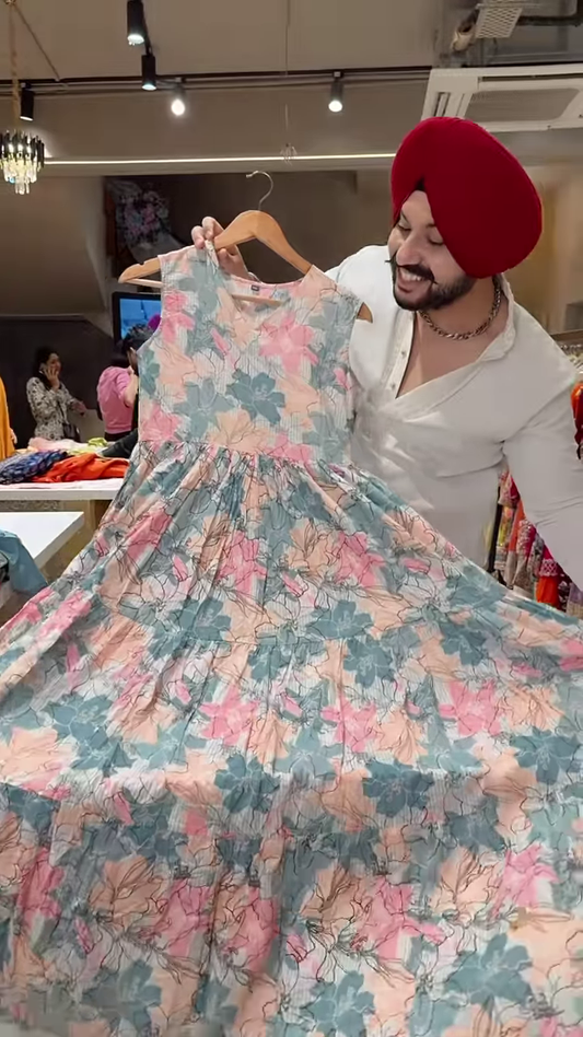 Floral Printed Dress with Embroidered Blue Jacket – Elegant Indo-Western Set for Women