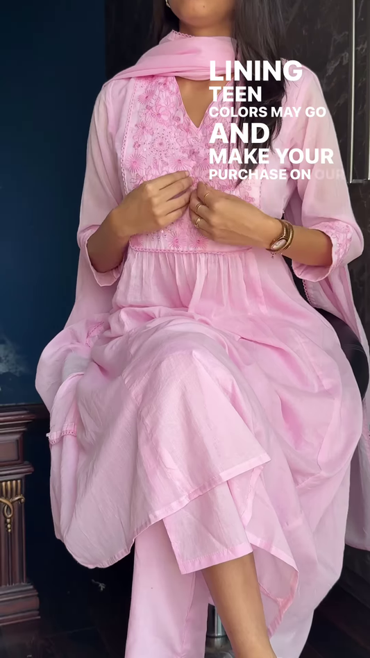 Mulcotton V-Neck Kurta Trio with Floral Embroidery – Soft Fabric Ethnicwear for Women