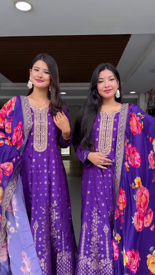Purple Embroidered Suit Set with Floral Dupatta – Regal Ethnicwear for Women