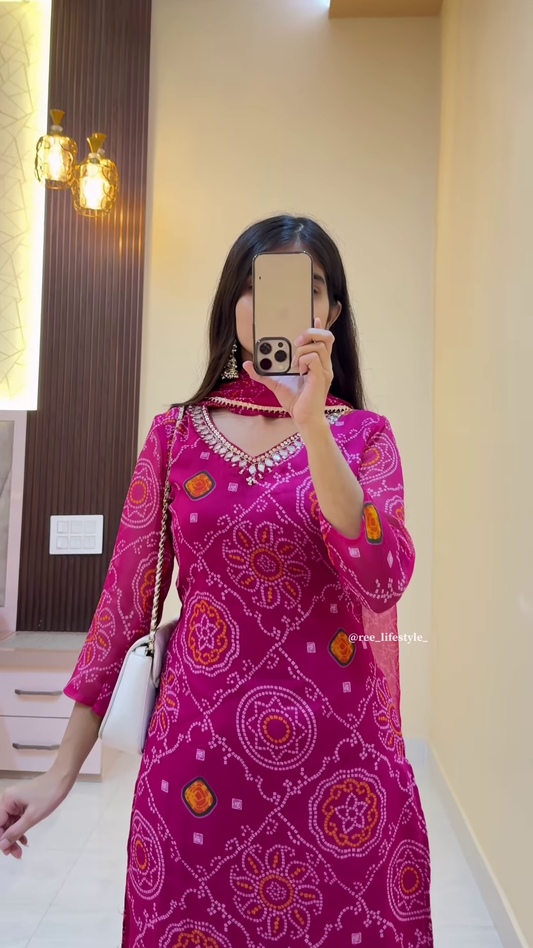 Vibrant Pink Embroidered Kurta Set with Geometric Motifs – Stylish Ethnicwear for Women