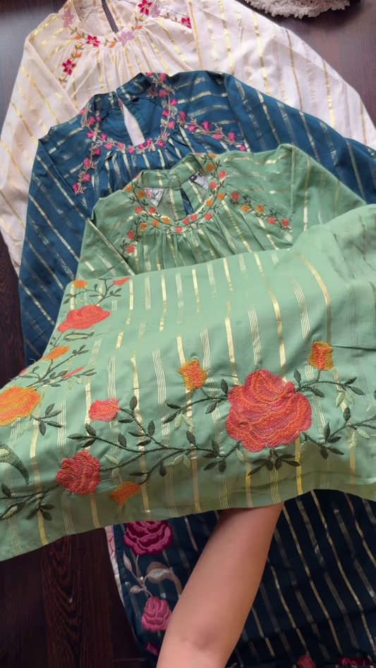 Embroidered Kurta Trio with Gold Stripes – Floral Neckline Ethnicwear in Green, Blue & White