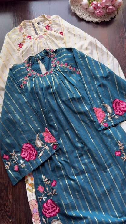 Embroidered Kurta Trio with Gold Stripes – Floral Neckline Ethnicwear in Green, Blue & White